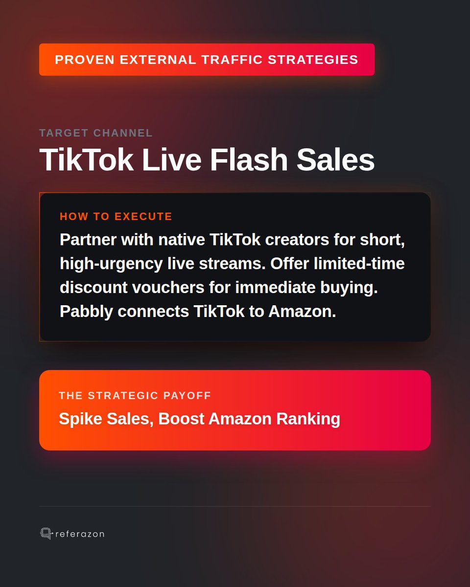 referazon's tweet photo. Ignite Amazon sales with TikTok Live Flash Sales. Partner creators, offer time-sensitive discounts, and drive direct traffic. Amazon's algorithm rewards outside buyers with massive ranking boosts. Instant velocity. https://t.co/WhBIqiHJBz