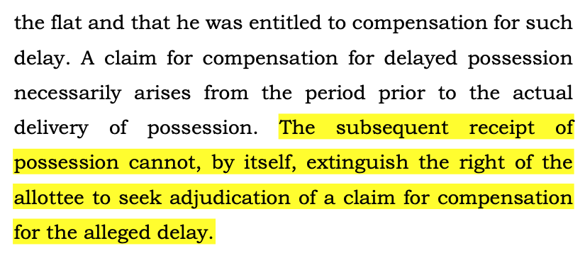 CiteCase's tweet photo. Can an allottee claim compensation for delayed possession of flat if he subsequently takes possession of it?

#SupremeCourt answers here: https://t.co/3epb1a7M4k