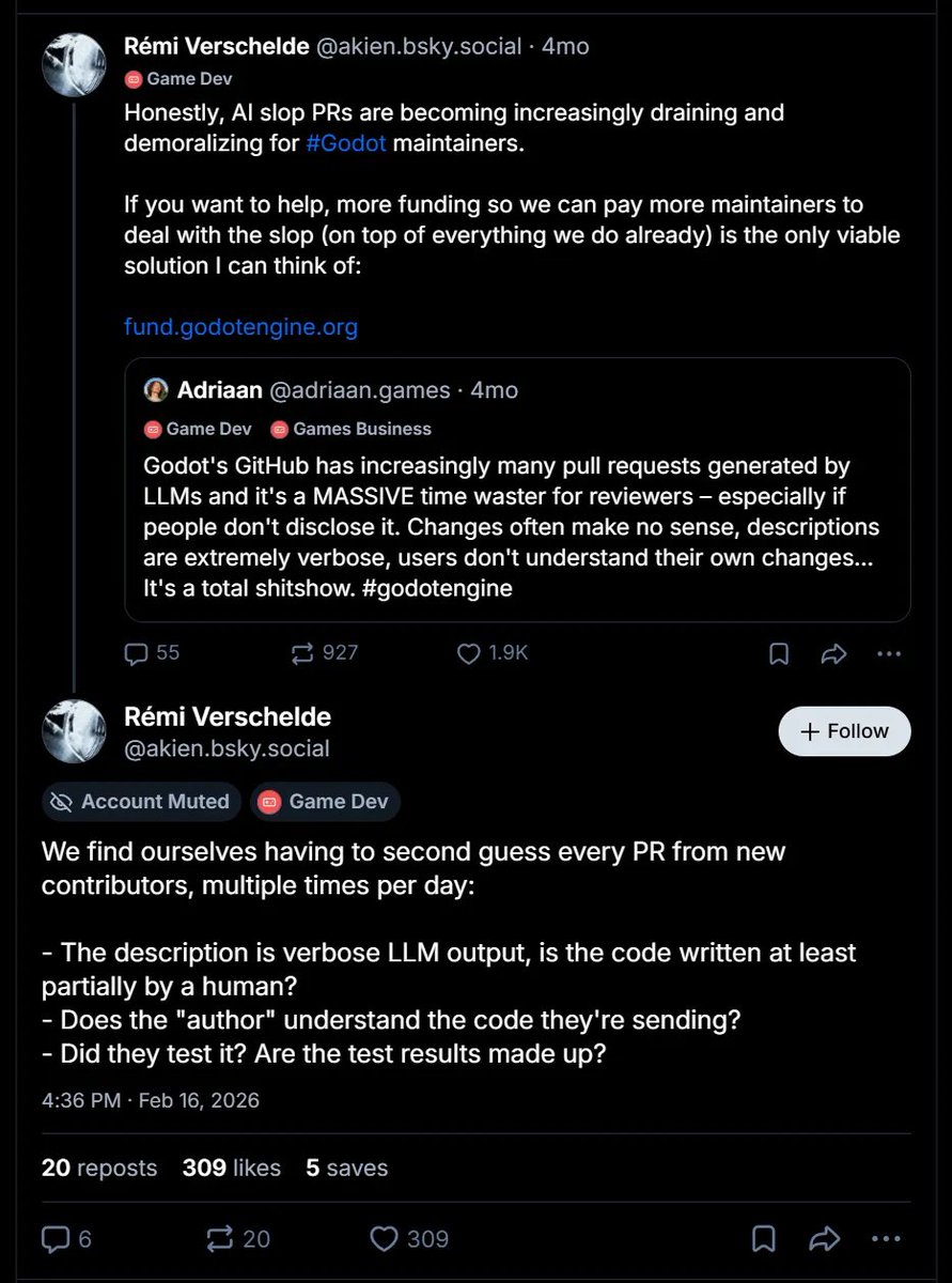 axeghostgame's tweet photo. i looked in to the data around the godot 'ai slop' pull request crisis finally. i trust the maintainers claims about there being llm-generated PRs that are time-wasters. i dispute the broader narrative about this being a clear case showing ai use is harmful on net. 🧵 https://t.co/7qkRKD1yCD