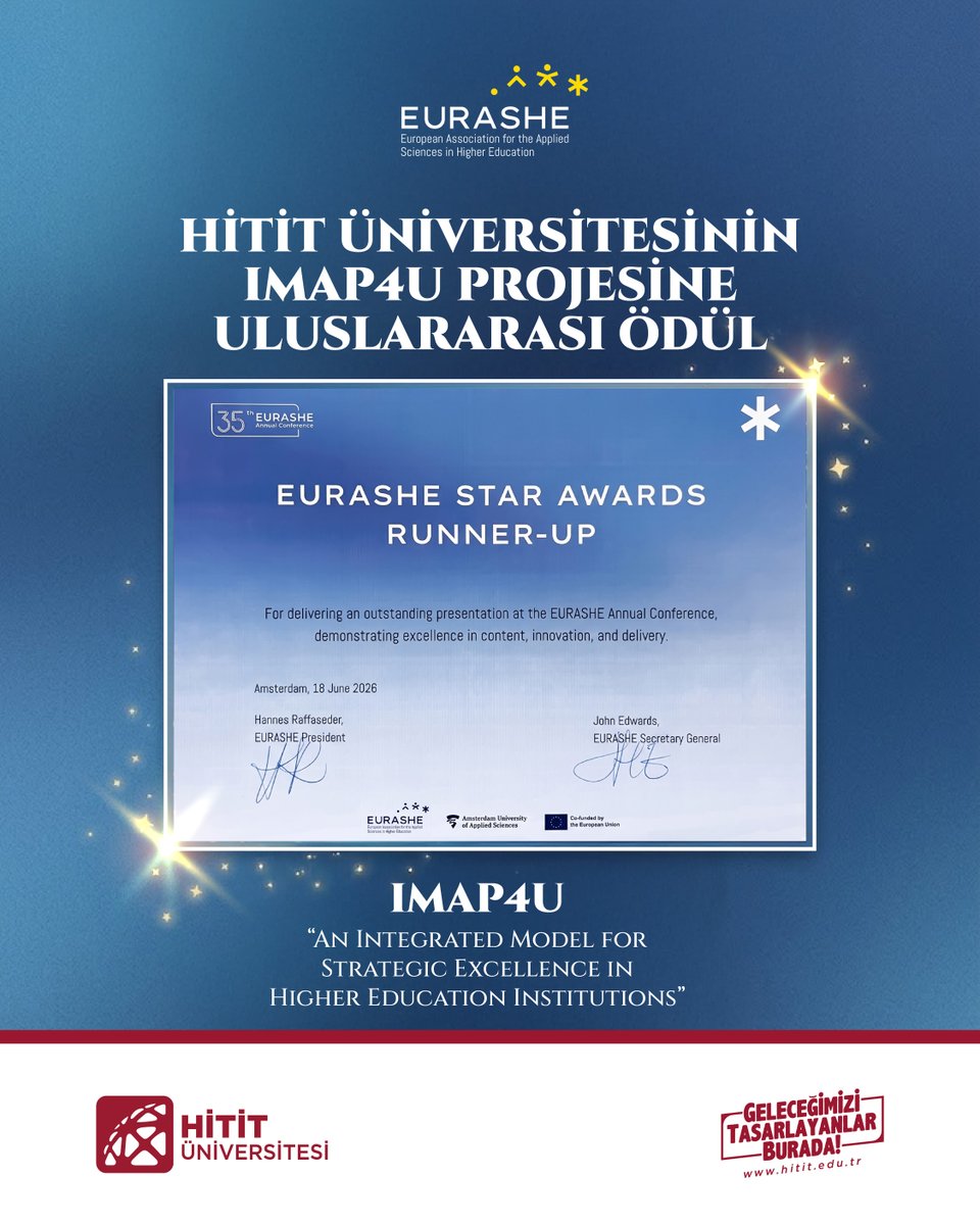 HituKurumsal's tweet photo. 🏆 IMAP4U Projemize Uluslararası Ödül!

🚀Üniversitemizin koordinatörlüğünde yürütülen #ErasmusPlus projesi IMAP4U, Amsterdam’da düzenlenen 35. #EURASHE Annual Conference kapsamında gerçekleştirilen breakout session ile EURASHE Star Awards Runner-Up Ödülü'ne layık görüldü.

🌍Avrupa ve Asya'dan rektörler, akademisyenler, politika yapıcılar ve yükseköğretim uzmanlarının katıldığı değerlendirme sürecinde IMAP4U, konferansın en başarılı üç oturumundan biri olarak seçildi.

✍️ https://t.co/JyCaDkCiZX

#HititÜniversitesi #IMAP4U #HigherEducation @ProfAliOzturk