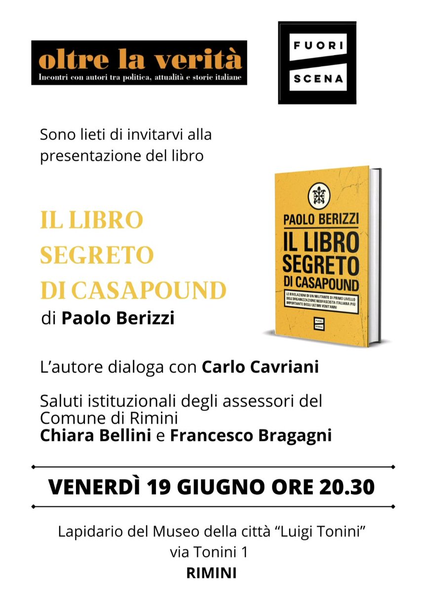 PBerizzi's tweet photo. 📍Ci vediamo questa sera a Rimini! 

#illibrosegretodicasapound

@CorriereRomagna
@comunerimini https://t.co/1MsQlisFKx