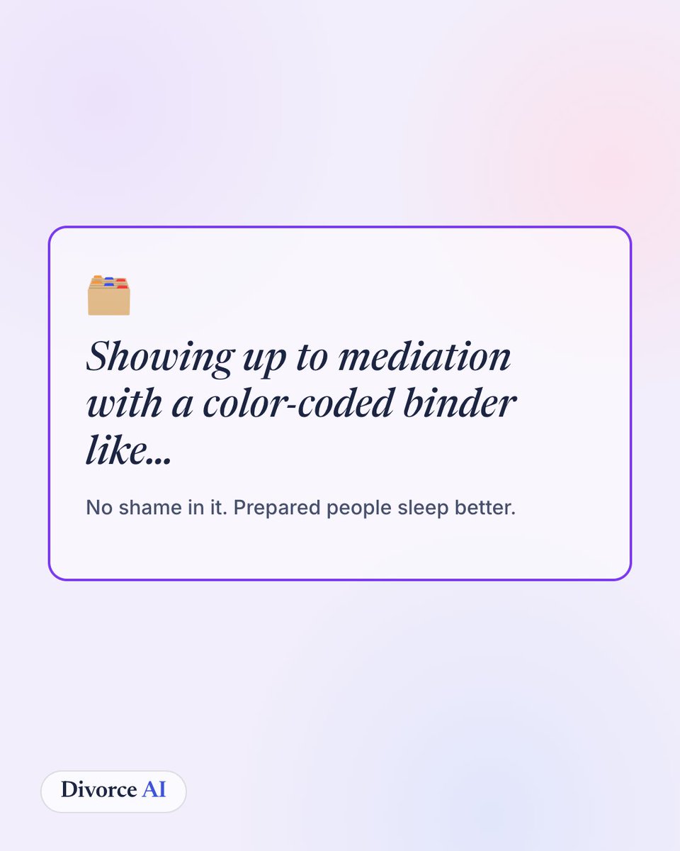 DivorceAi's tweet photo. Showing up to mediation with a color-coded binder like… 🗂️ No shame in it — prepared people sleep better. Bring the numbers.

#divorce #mediation #divorcesupport #relatable https://t.co/6yK2szp83S