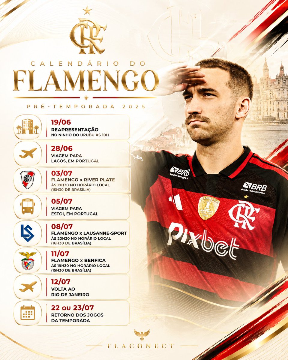 flaconect2's tweet photo. 📅 Calendário do Flamengo – Pré-temorada 2026

🇧🇷 19/06 — Reapresentação do elenco no Ninho do Urubu, às 10h.

✈️ 28/06 — Delegação embarca para Lagos, em Portugal, onde dará início à preparação internacional.

⚽ 03/07 — Flamengo x River Plate, às 19h30 no horário local (15h30 de Brasília).

✈️ 05/07 — Viagem para Estoi, em Portugal.

⚽ 08/07 — Flamengo x Lausanne-Sport, às 20h30 no horário local (16h30 de Brasília).

⚽ 11/07 — Flamengo x Benfica, às 19h30 no horário local (15h30 de Brasília).

🏠 12/07 — Retorno da delegação ao Rio de Janeiro.

🏆 22 ou 23/07 — Recomeço da temporada com a volta dos jogos oficiais.

 Período de preparação visando a sequência decisiva da temporada, com amistosos internacionais e treinamentos em Portugal.