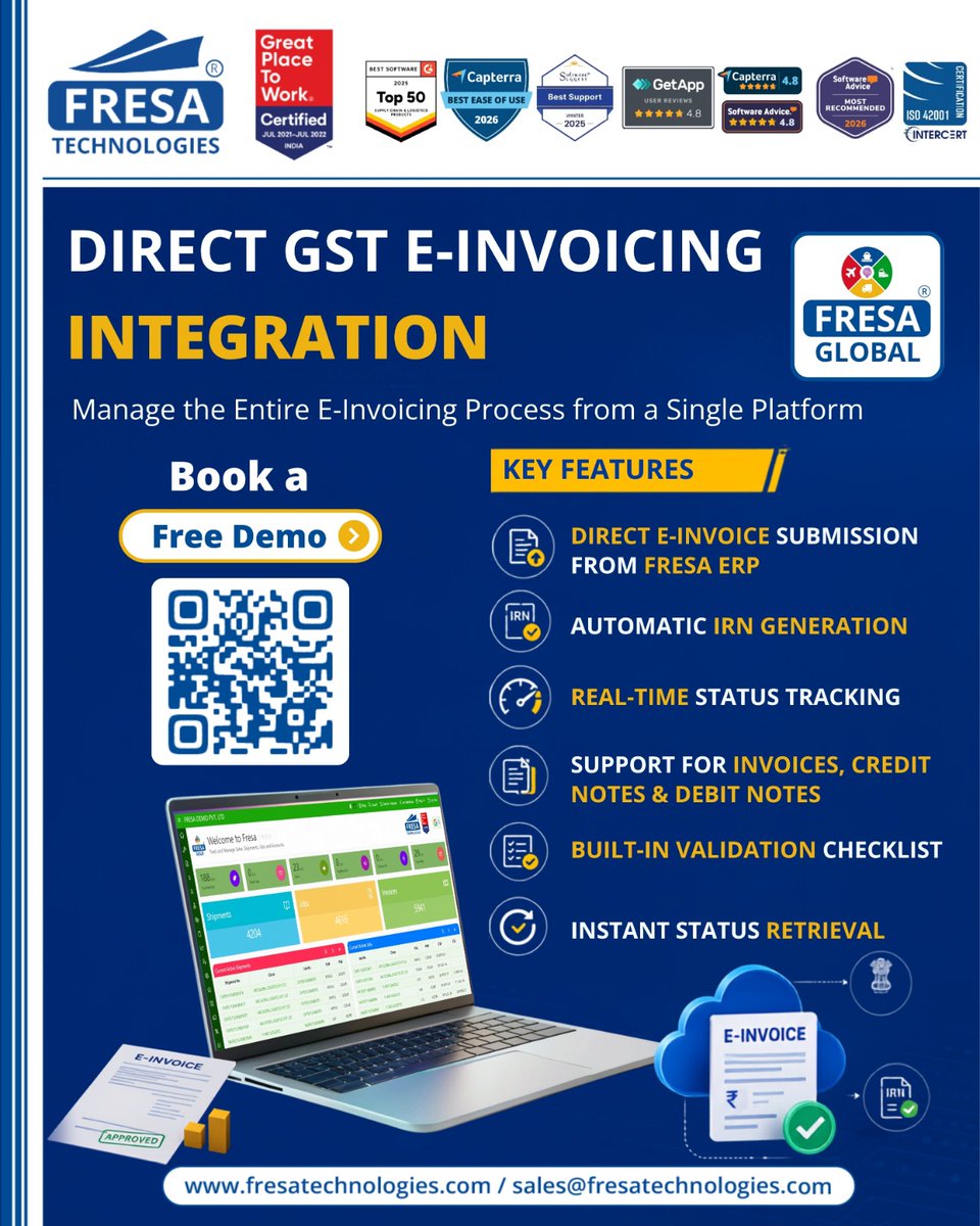 fresatechnology's tweet photo. 🚀 Simplify GST Compliance with Direct GST E-Invoicing Integration
https://t.co/hDV4sOxmfZ
Book a free demo today and discover how Fresa Global can transform your GST e-invoicing process
#FresaGlobal #GSTEInvoicing #EInvoicing #GSTCompliance #FreightERP #LogisticsSoftware https://t.co/D7sMKCqJYG