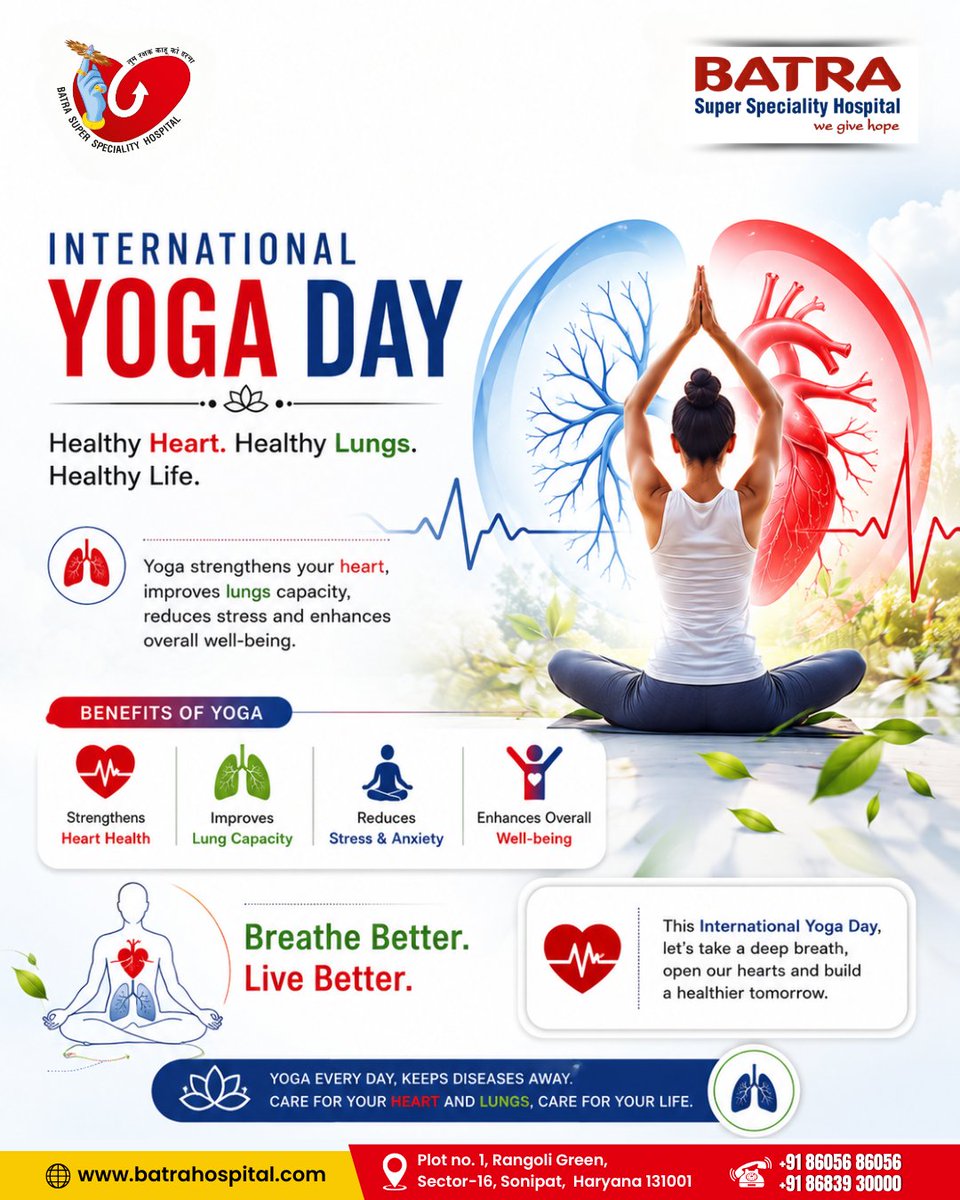 batrahospital's tweet photo. 🧘‍♀️🫁 International Yoga Day 2026

Breathe Better. Live Better.

On this International Yoga Day, take a step towards a healthier heart, stronger lungs, and a happier life.
.
.
#internationalyogaday #yogaday2026 #hearthealth #yogaeveryday 
#lunghealth #healthyheart #healthylungs https://t.co/9gx3wnBc8L
