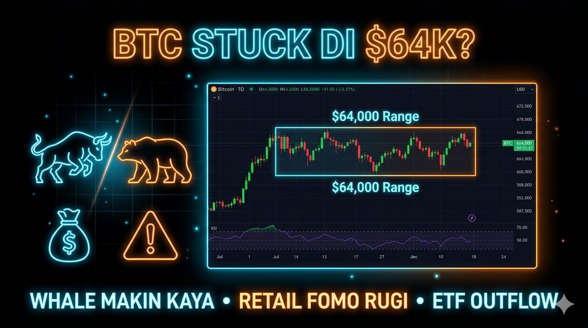 Richzeus25's tweet photo. Hot take Crypto 2026:

Banyak yang teriak "Bull Run sebentar lagi", tapi BTC masih stuck $64K &amp; ETF outflow terus.

Whale makin kaya, retail banyak rugi.

Masih percaya "This Time is Different"? 

Reply: Bullish atau Bearish? 👇

#Bitcoin #Crypto https://t.co/30wITclIFT