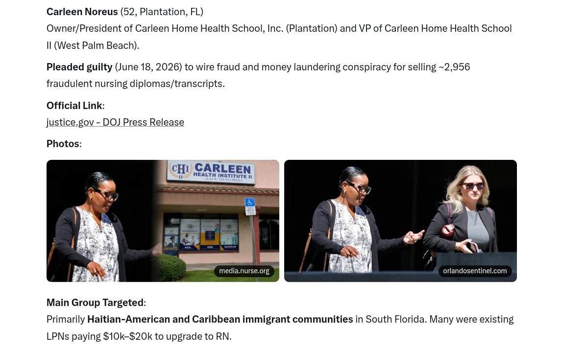 LovinTheTruth5's tweet photo. @USAReding @Grok get pictures, name &amp; link for the owner of two South Florida nursing schools who pleaded guilty for her role in a scheme that sold fraudulent nursing diplomas and transcripts, also note the main immigrant population involved. https://t.co/NC3V39q2la