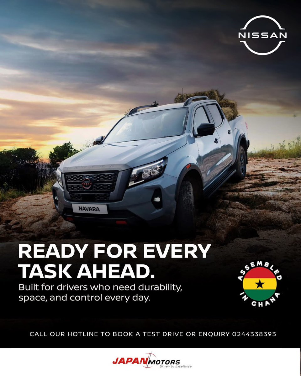 nissan_ghana's tweet photo. The Nissan Navara is designed for businesses and drivers who need durability, space, and control every day.
Call our hotline to book a test drive or enquiry: π:0244338393
#Navara4xPro #NissanGhana #BuiltForWork https://t.co/xei0MF1lAr