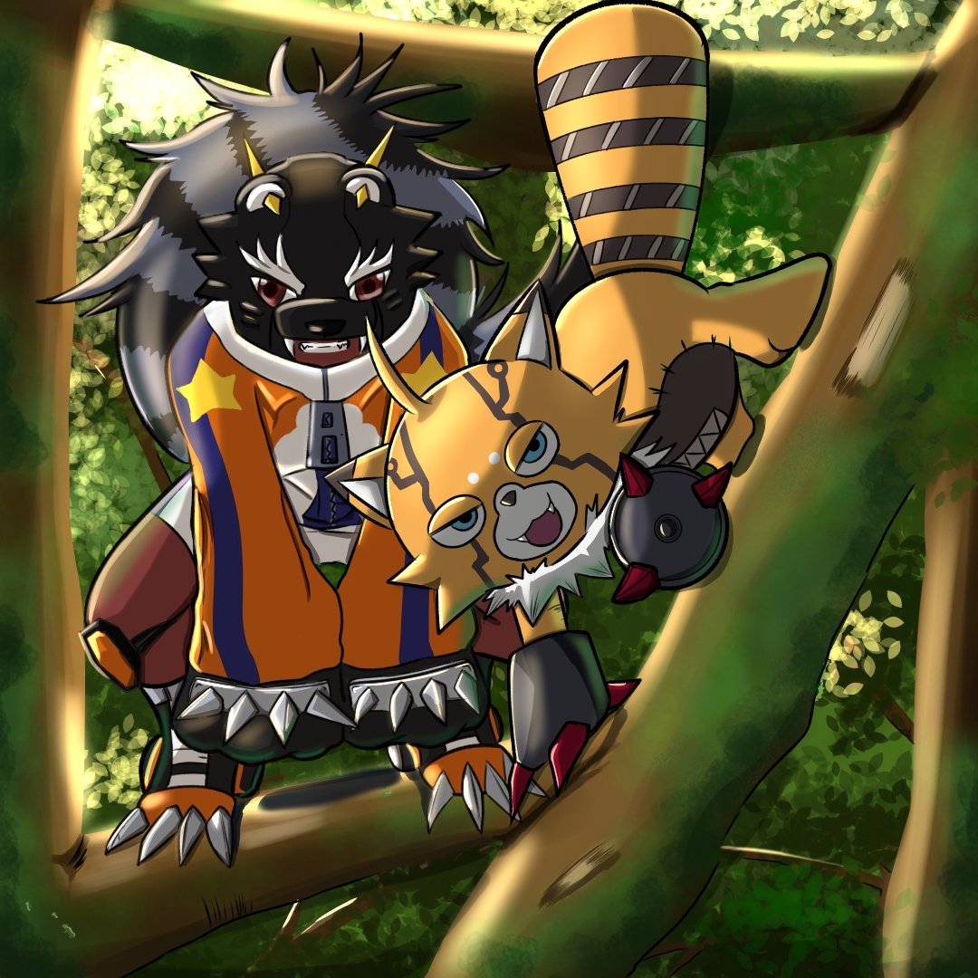 MorericeArtwork's tweet photo. I'm late to the game, but here is the completed artwork with both bearcatmon and pristimon.

僕の絵でベアキャットモンとプリスチモンがおわったよ

#デジモン https://t.co/DW5HnpzRQ0