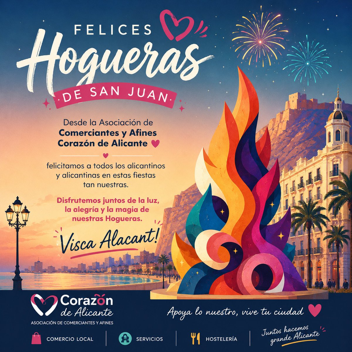 CorazonALC's tweet photo. 🔥 Alicante vuelve a encender su corazón. 
¡Alicantin@s! os deseamos a tod@s  unas Hogueras llenas de alegría, convivencia y momentos inolvidables.
Apoyemos nuestro comercio, nuestros servicios y nuestra hostelería. 
Porque juntos hacemos ciudad.
Visca Alacant ! ❤️🔥 https://t.co/FpxAvLnYFQ