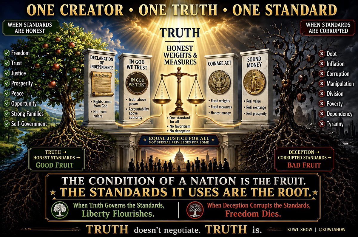 KuwlShow's tweet photo. What One Thread Connects: 
1- Declaration of Independence 
2- Motto, “In God We Trust,” 
3- The U.S. Coinage Act, and 
4- Honest Weights & Measures?

Freedom rests upon Truth. 
Truth requires Honest Weights and Measures. 
Honest Weights and Measures produce Just Money, Just Law, and Just Government. 

Together they express a single foundational idea:

A free people can only remain free when they recognize a higher source of truth than government, establish honest standards that apply equally to all, and refuse to allow power to corrupt the weights, measures, money, laws, or rights by which society operates.

One Creator. One Truth. One Standard. Equal Justice for All.

@BibleOptics @XRPLF @USTreasury @POTUS @Ripple