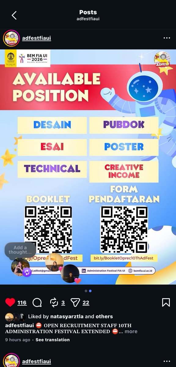 cvhscole's tweet photo. guysss maba fia ui dan angkatan 25 this is last chance buat daftar Adfest loh guys 🙂‍↕️🙂‍↕️ @AdFestFIA https://t.co/p2iewR2n0N