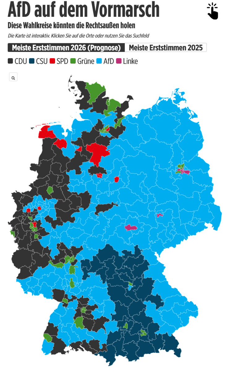 JahnTeam's tweet photo. Die aktuelle Wahlkreiskarte hat politische Sprengkraft!

Seit Wochen legt die AfD in den Umfragen zu. Im aktuellen INSA-Meinungstrend steht sie bei 29 Prozent – Platz 1. 

Doch was bedeutet dieser Höhenflug für die Wahlkreise? Welche Direktkandidaten müssten um ihr Mandat zittern?

Deutschland wird nach und nach, blau!

🦅#TEAMHEIMAT🇩🇪
