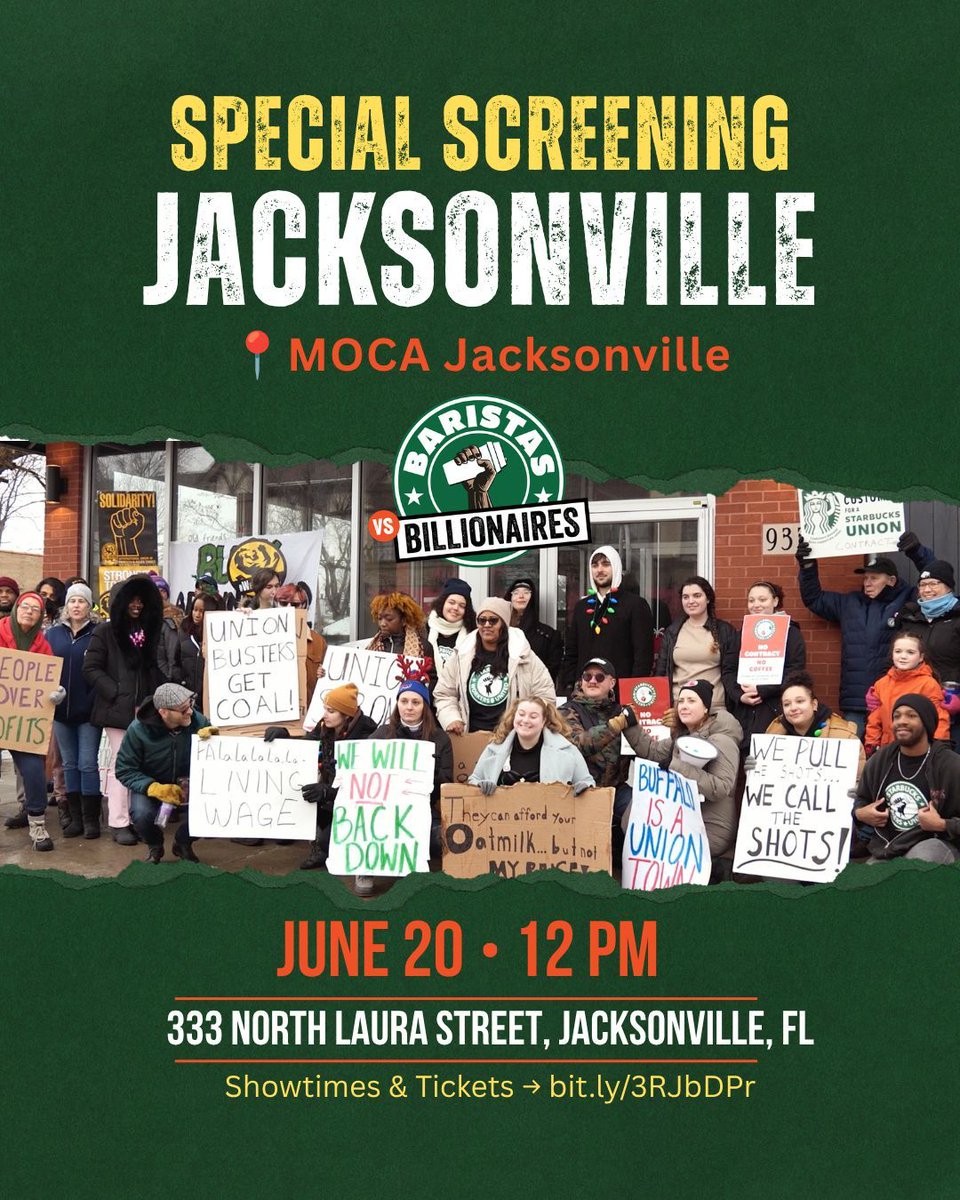 BaristasVsBill's tweet photo. They weren't politicians.
They weren't celebrities.
They were baristas.

Join us for a special screening and conversation with Academy Award–nominated director Mark Mori.

📍 MOCA Jacksonville 
📅 Tomorrow, June 20 | 12 PM
🎟️ Tickets $5: https://t.co/EgZ34p1qc3

#JaxEvents https://t.co/qwbImRE7bT
