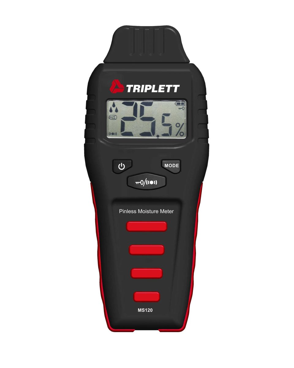 test_tools's tweet photo. The Triplett MS120 measures moisture content in wood (0.1 to 99.9%) and building materials (0.1 to 56.5%) using pinless technology. It displays moisture levels with Low, Medium and High icons and has an audible indicator for quick scanning.  Learn more: https://t.co/KciWcG0ZT7 https://t.co/WD36I3Is0d