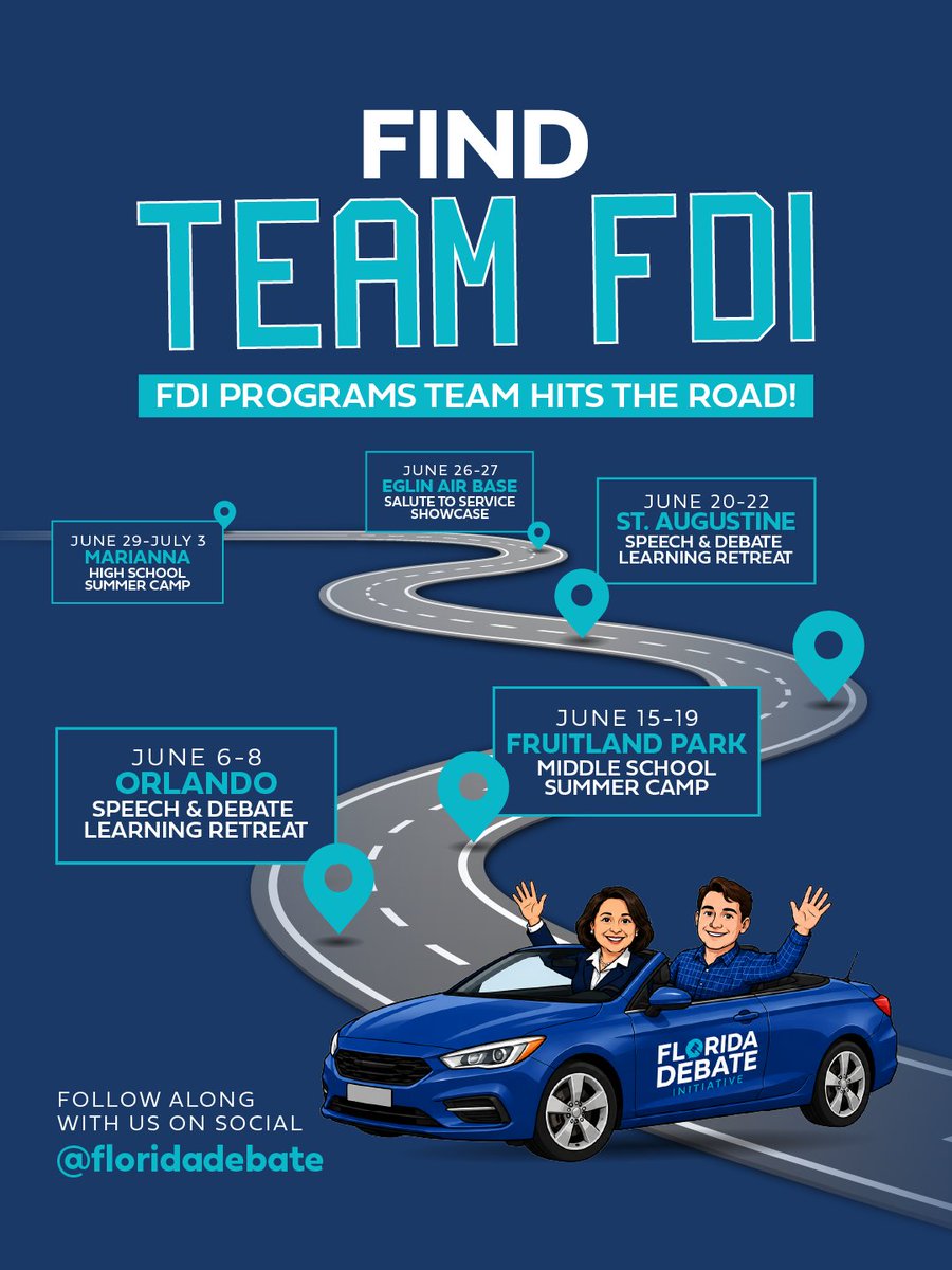 FloridaDebate's tweet photo. Follow along with Team FDI this June as we take on a stacked roster of events. Be sure to tag us in your content from Speech and Debate Learning Retreats, Summer Camp, and Salute to Service! https://t.co/L3kM8rjkxc
