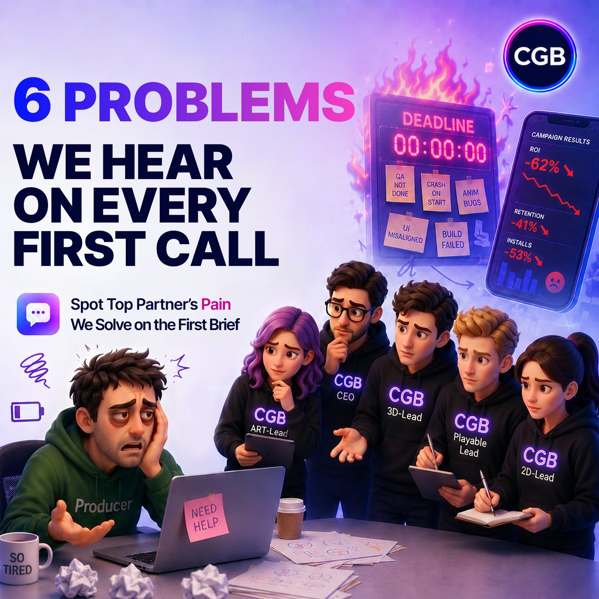 CgbStudio60193's tweet photo. 🗣Meet Alex - a creative producer of mobile games.  

He needs to scale creative production, but runs into challenges that are familiar to every team we talk to.  Alex reached out to CGB Studio with requests we hear every  day.  
👇See how his story unfolds down in the comments https://t.co/HKmKVJLC4I