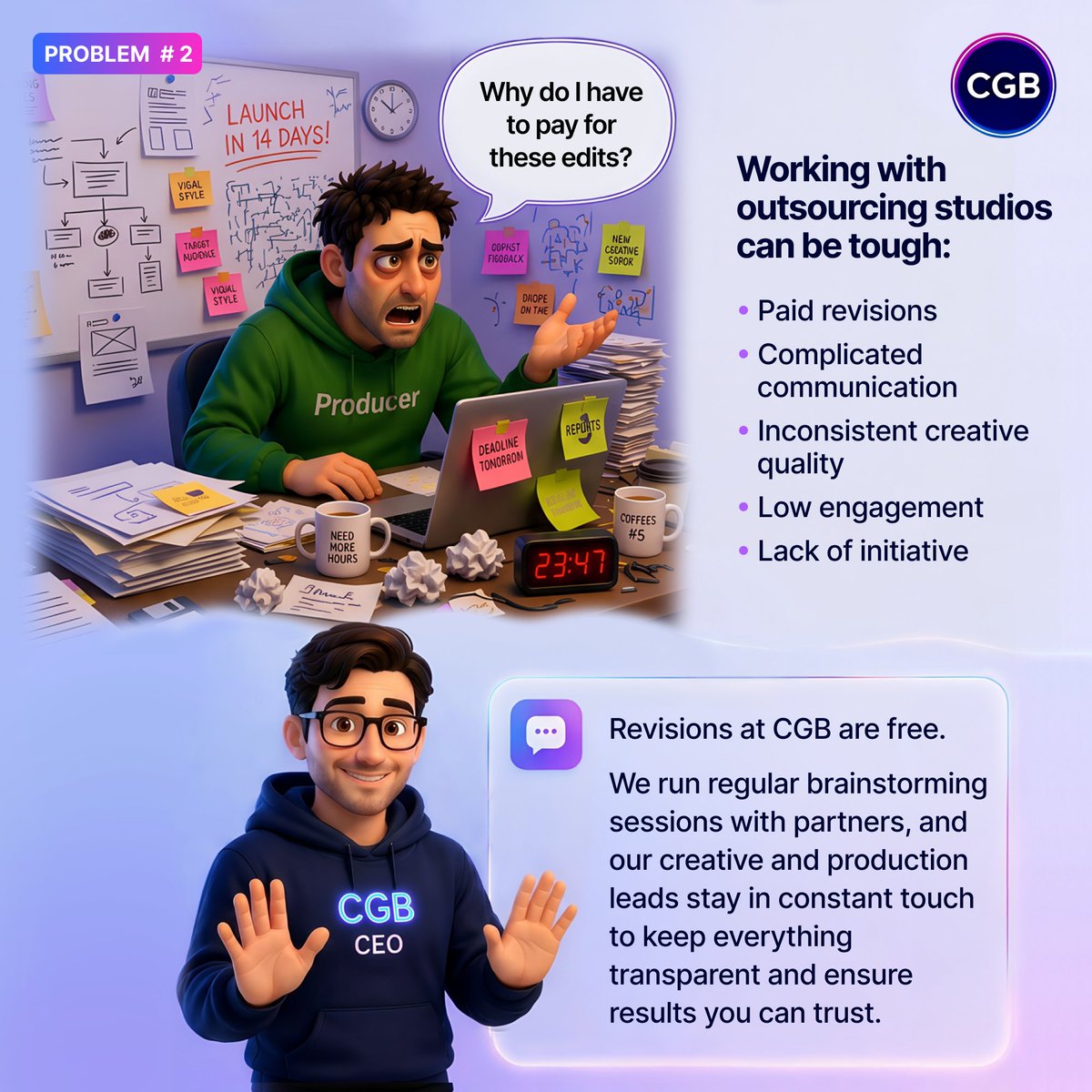 CgbStudio60193's tweet photo. 🗣Meet Alex - a creative producer of mobile games.  

He needs to scale creative production, but runs into challenges that are familiar to every team we talk to.  Alex reached out to CGB Studio with requests we hear every  day.  
👇See how his story unfolds down in the comments https://t.co/HKmKVJLC4I