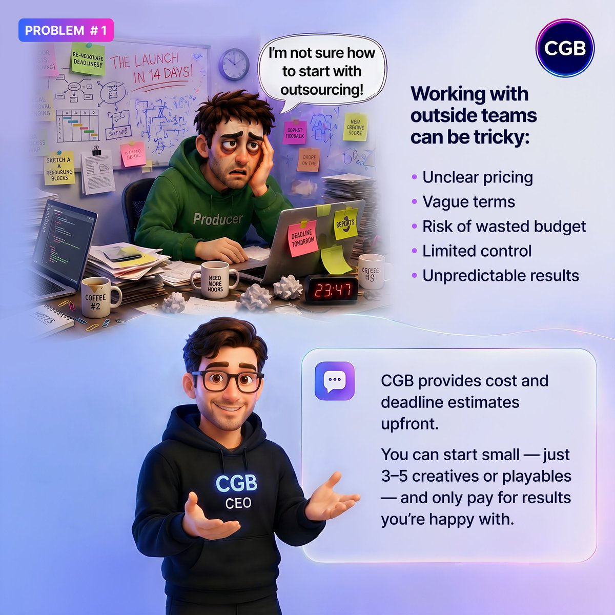 CgbStudio60193's tweet photo. 🗣Meet Alex - a creative producer of mobile games.  

He needs to scale creative production, but runs into challenges that are familiar to every team we talk to.  Alex reached out to CGB Studio with requests we hear every  day.  
👇See how his story unfolds down in the comments https://t.co/HKmKVJLC4I