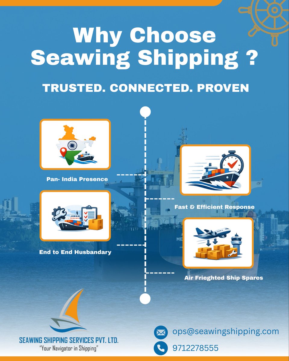 SeawingShipping's tweet photo. Navigating Excellence Across India’s Ports.
Fast response, end-to-end husbandry, and nationwide coverage—Seawing Shipping is your trusted maritime partner. 🌊🚢 https://t.co/DJq1X48jWk