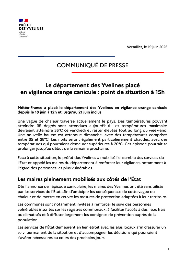 Image de Préfet des Yvelines : 🟠#Canicule | Le département des Yvelines placé en vigilance orange canicule : point de situation à 