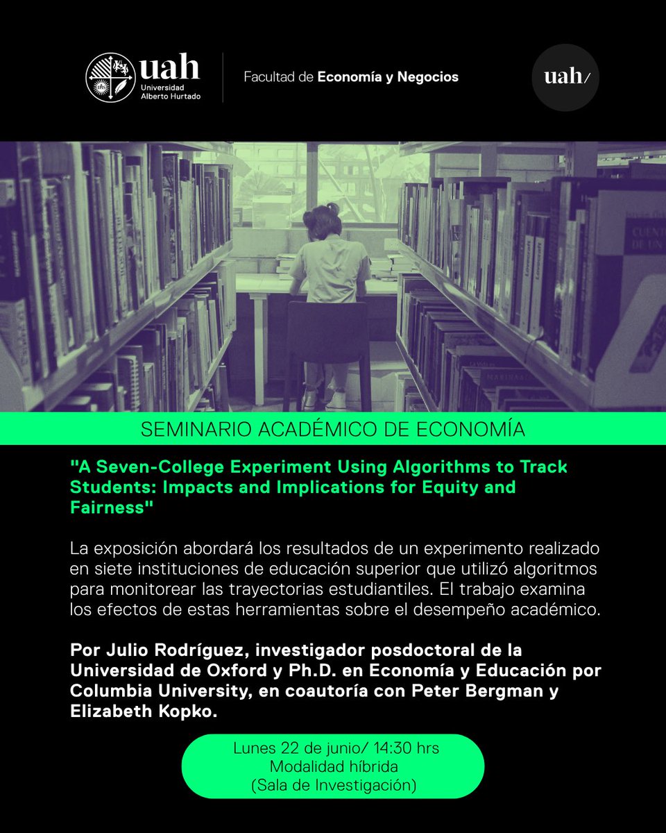 FEN_UAH's tweet photo. 📢 Seminario Académico de Economía – FEN UAH
La Facultad de Economía y Negocios de la Universidad Alberto Hurtado te invita a una nueva sesión del Seminario Académico de Economía 2026.
 💻 También disponible en modalidad online aquí: https://t.co/s6QqmWmONM https://t.co/1jwD7JvjVo