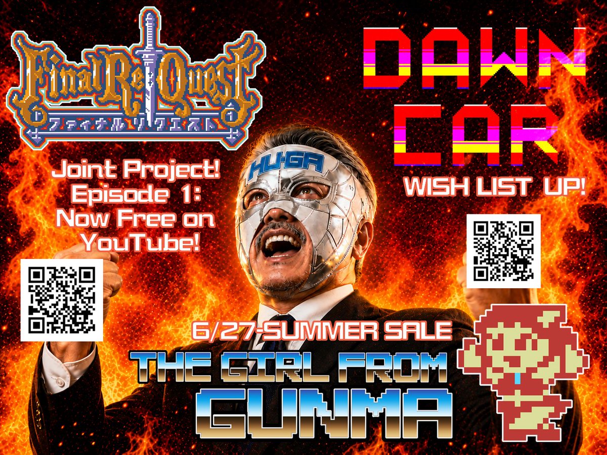 HUGASTUDIO's tweet photo. DAWNCAR Special Collaboration Project! Final Re:Quest The Movie (Part 1) - Special Free Stream!!

Hi, I'm Tez Okano (Zorge Ichizo / Ichiro Kusaka) from HUGA. While promoting my upcoming game, DAWNCAR, my previous dot-art movie, "Final Re:Quest The Movie," somehow randomly went viral. I've been getting tons of messages, especially from overseas, asking: "Can we watch it with English subs?"

Well, yes, but the English subtitles are only finished for Part 1 so far. It's a massive 3-hour epic, and subbing it takes an insane amount of effort. And as you can see, I'm drowning in work right now—especially today, it's been absolute chaos!

But I'm a man who never lets a golden opportunity slip away. So, until DAWNCAR's Steam wishlists hit 1,000, I’m putting up the English-subbed version of Final Re:Quest The Movie (Part 1) as a special collaboration project for a free stream!

If you enjoy it, think of it as a holy offering and go add DAWNCAR to your Steam wishlist! If you don't like it... eh, whatever.

If you want to see Part 2, I need more of your support! By the way, I hope anyone out there whose mom is Elon Musk is doing okay? If you're cool with the Japanese-only version, I also have it on Blu-ray! Once we hit 1,000 wishlists, I'll figure out what to do next!

And here's the kicker! Starting June 27th, "The Girl From Gunma Kai" will be going on a massive Steam Summer Sale! So DON'T buy it now—wait until next week! ...Unless you loved Final Re:Quest so much that you want to throw money at me right now. In that case, feel free to buy it this week!

I also sell merchandise, original art, and physical goods for Final Re:Quest and The Girl From Gunma Kai right here, so go grab some!