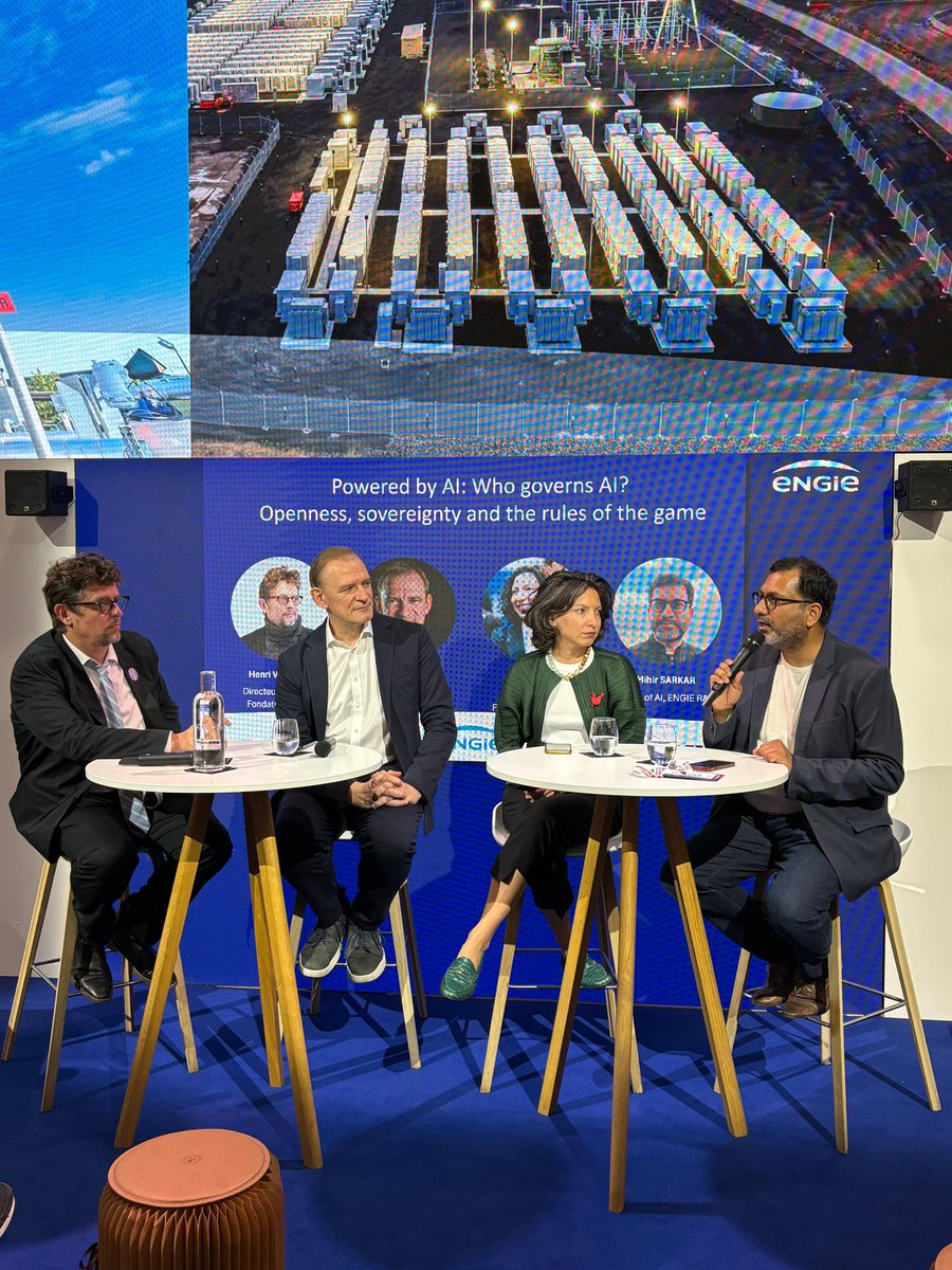 ENGIEgroup's tweet photo. 🤖 Powered by AI: Who governs AI?
Mihir Sarkar (ENGIE), Henri Verdier (@inria_fondation ), Yann Lechelle (@probabl) and Amanda Brock (@OpenUK) discuss openness as a driver of knowledge diffusion and the geopolitical dynamics shaping AI’s global growth.
#VivaTech https://t.co/fbDI53aHBa