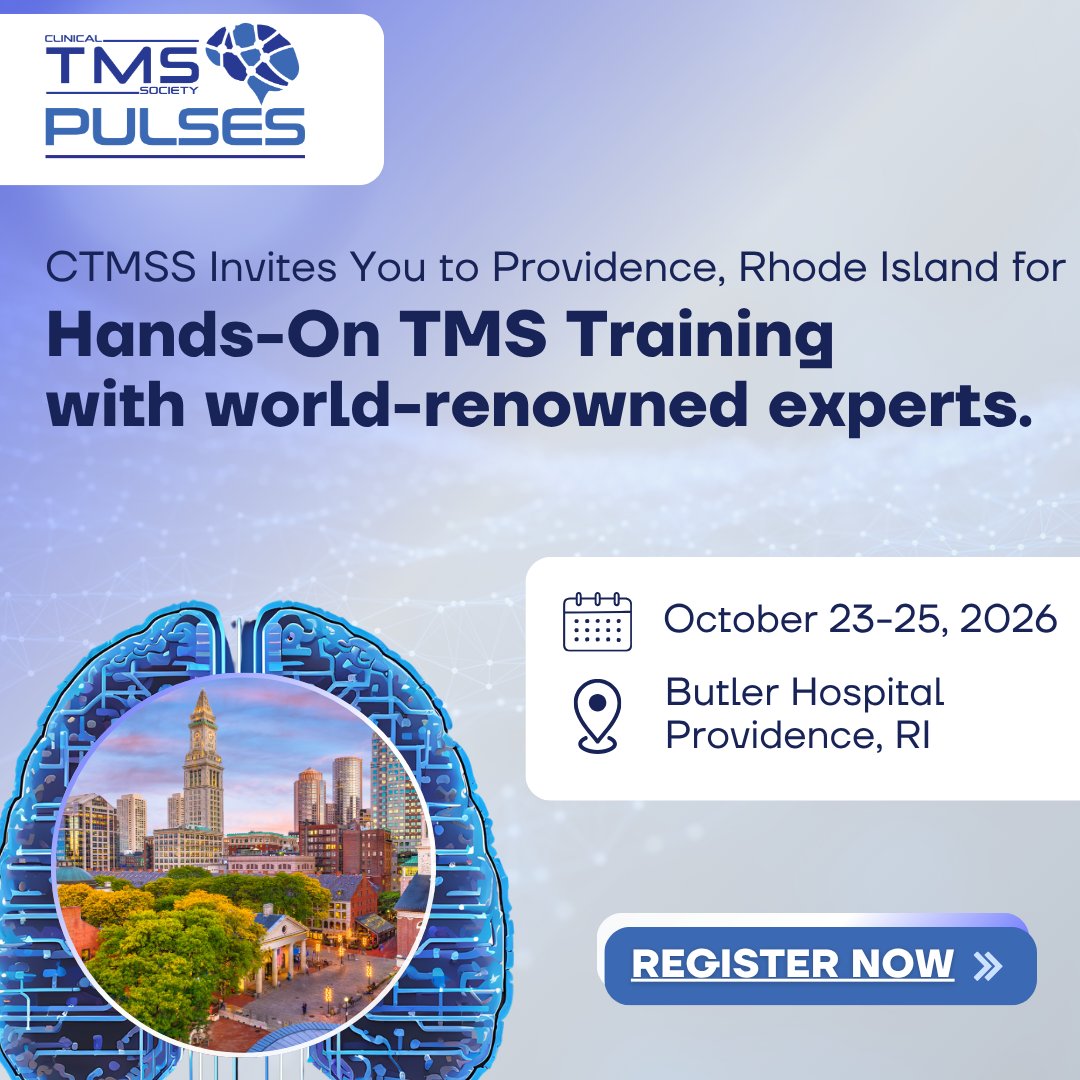ClinicalTMS's tweet photo. TMS Training: PULSES | Oct. 23–26, 2026 | Providence, RI
Advance your TMS expertise with this comprehensive training featuring expert-led lectures, 2 hours of hands-on instruction, and a certificate of completion.
Register: https://t.co/rcnMbRLGqD #CTMSS https://t.co/6zY5DxXM9t