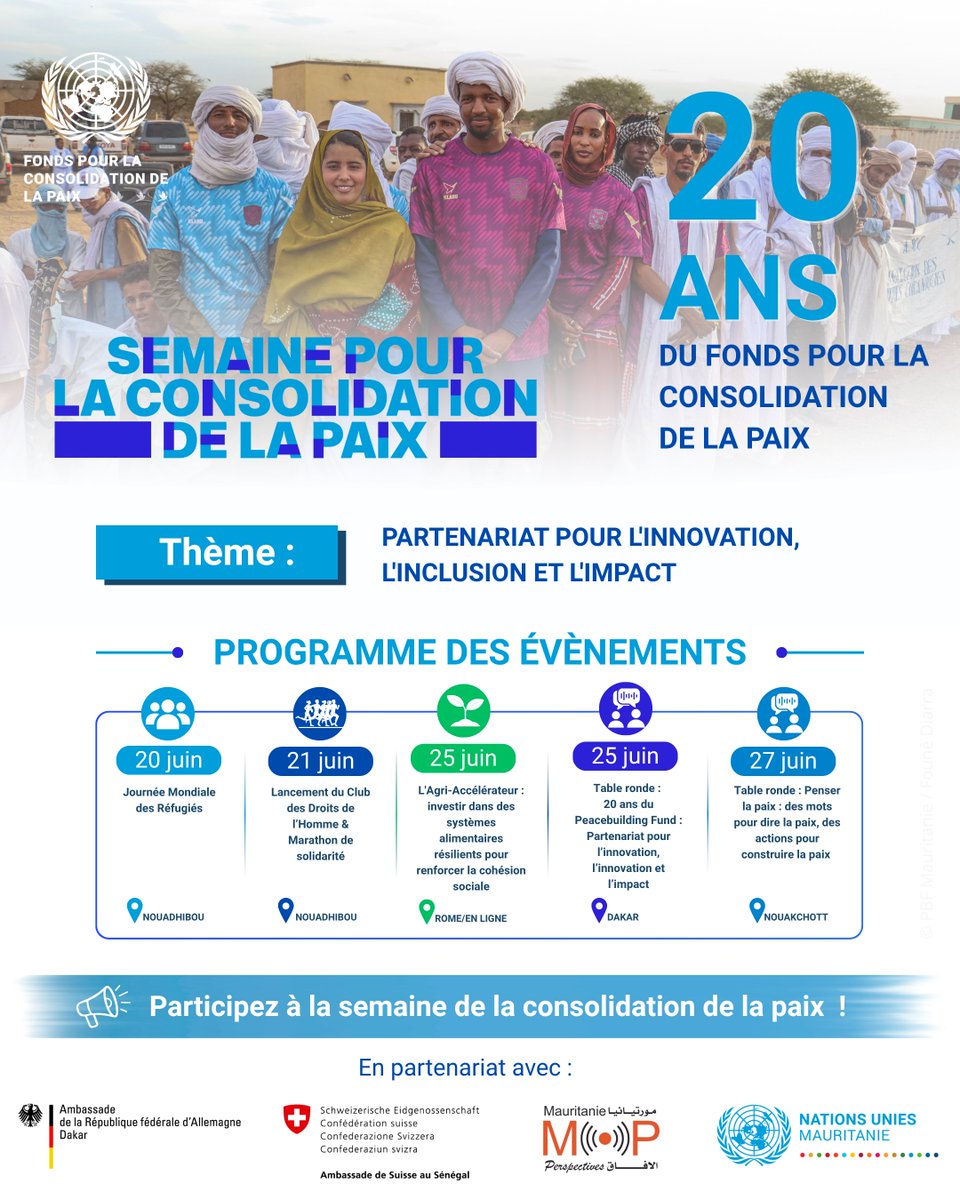PBFMauritanie's tweet photo. DĂ©couvrez le programme des activitĂ©s de la #PeacebuildingWeek entre Nouadhibou, Nouakchott đČđ· Dakar đžđł Rome đźđč & en ligne đ
đŹ Et pour vous, que signifie la paix ?
Partagez votre vision avec #PWBMRT âš
#PeacebuildingWeek #InvestInPeace #Mauritanie #ODD16 https://t.co/MQr9TfZ2Ta