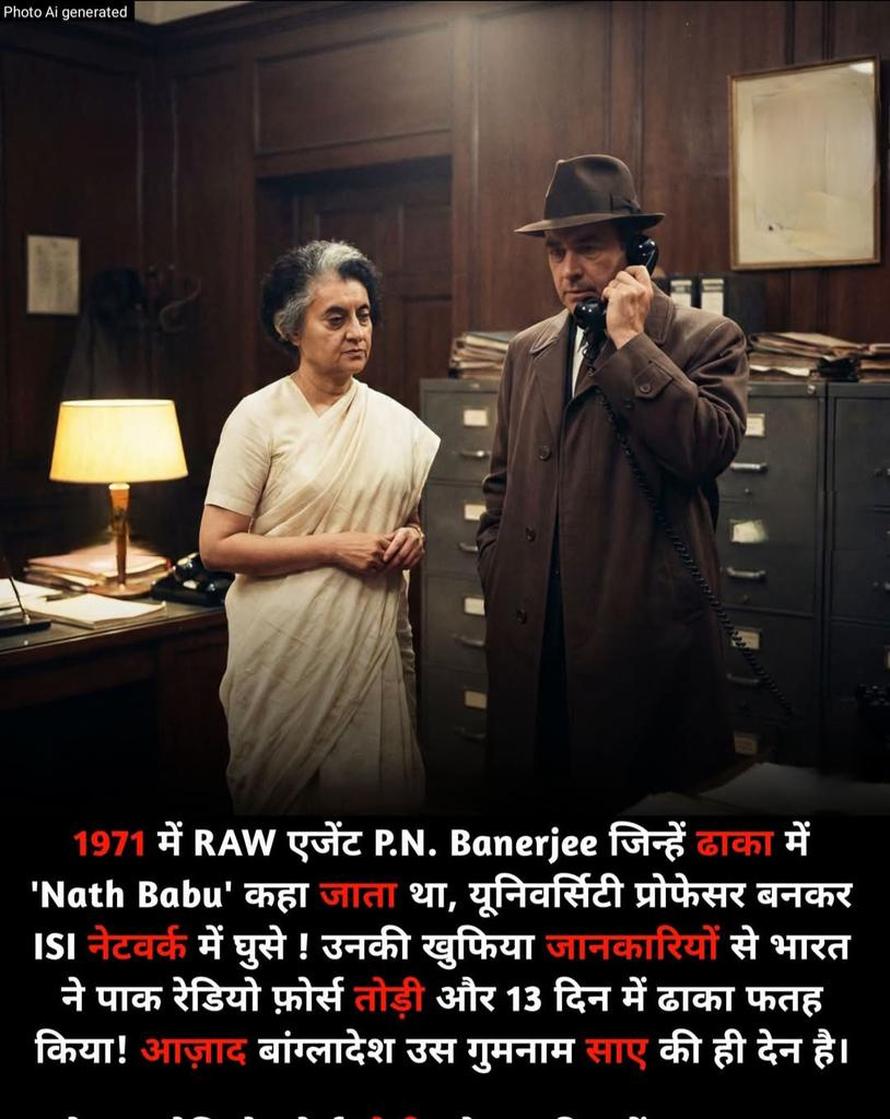 jiajeetji's tweet photo. मिलिए भारत के असली धुरंधर से . . .

1971 के भारत-पाक युद्ध में RAW के जांबाज़ एजेंट पी. एन. बनर्जी, जिन्हें ढाका में 'नाथ बाबू' के नाम से जाना जाता था, दुश्मन के बीच यूनिवर्सिटी प्रोफेसर का रूप धारण कर ISI के नेटवर्क तक पहुंच गए। 
उनकी जुटाई गई खुफिया जानकारियों ने भारतीय सेना को पाकिस्तान की सैन्य रणनीतियों और संचार तंत्र को ध्वस्त करने में निर्णायक बढ़त दिलाई। 
इसी अदृश्य युद्ध के नायकों की बदौलत भारत ने महज़ 13 दिनों में ढाका फतह कर लिया और बांग्लादेश के जन्म का रास्ता प्रशस्त हुआ।

इतिहास अक्सर उन गुमनाम सायों को भूल जाता है, जिन्होंने पर्दे के पीछे रहकर राष्ट्र की जीत की इबारत लिखी। 

पी. एन. बनर्जी ऐसे ही एक अनसुने नायक थे, जिनका साहस और योगदान हमेशा याद किया जाना चाहिए।

RAW PNBanerjee 1971War
BangladeshLiberation
UnsungHeroes