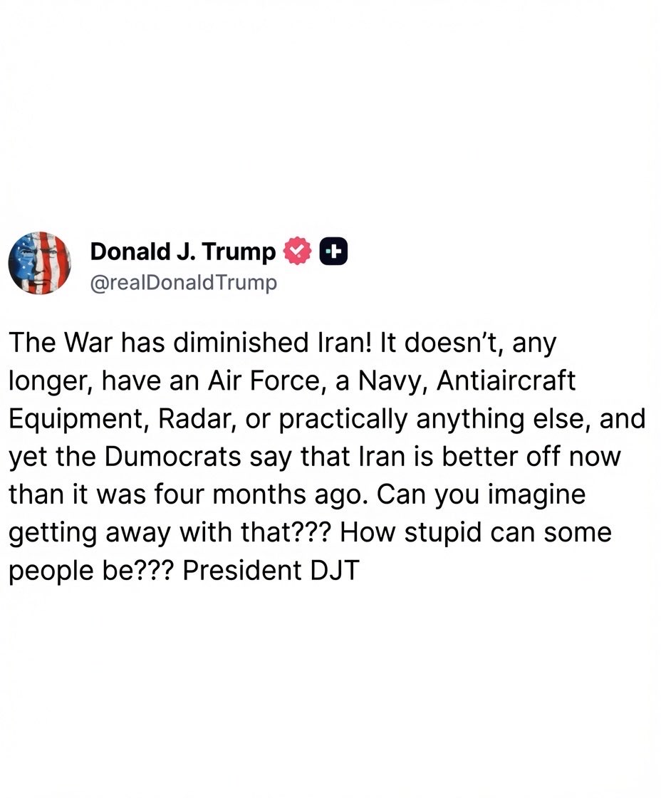Jhonffonseca's tweet photo. ¡ÚLTIMA HORA! TRUMP ACABA DE SOLTAR LA BOMBA:

"Vamos a jugar con Irán los próximos 60 días... ¡y no les vamos a dar ni un solo centavo de Estados Unidos!"

El presidente Trump no se guardó nada: 

"¿Qué tan estúpidos pueden ser algunos? No nos reunimos por desesperación... ¡Irán sí! Están terminados. Vamos a jugar estos 60 días. ¡Ni diez centavos les van a llegar!"

Y remató: 

"La guerra ha destrozado a Irán. Ya no tienen Fuerza Aérea, ni Armada, ni defensas antiaéreas, ni radares... ¡prácticamente no les queda nada! Y aun así los Demócratas salen diciendo que Irán está 'mejor' que hace cuatro meses. ¿En serio? ¿De verdad creen que alguien se va a tragar eso?"