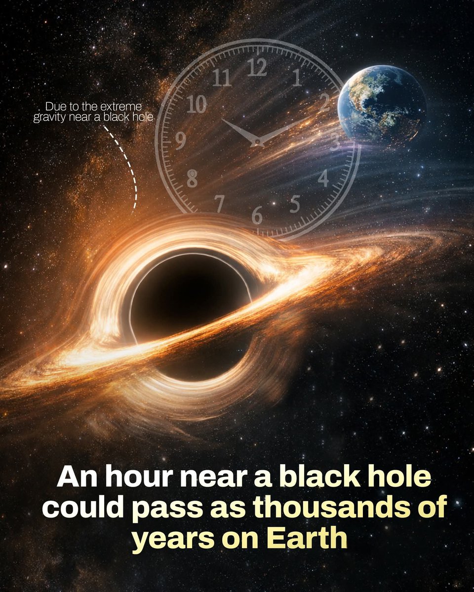 NightSkyNow's tweet photo. 🚨 Near a black hole, gravity becomes so extreme that it dramatically warps spacetime, causing time to pass much more slowly compared to regions far away like Earth. 

This effect, known as gravitational time dilation, means that someone hovering close to a black hole could experience just one hour while thousands of years pass for observers elsewhere. The closer an object is to the black hole’s event horizon, the stronger this time-slowing effect becomes. 

Although this scenario is largely theoretical and extremely dangerous in reality, it is a direct consequence of Einstein’s theory of general relativity.
