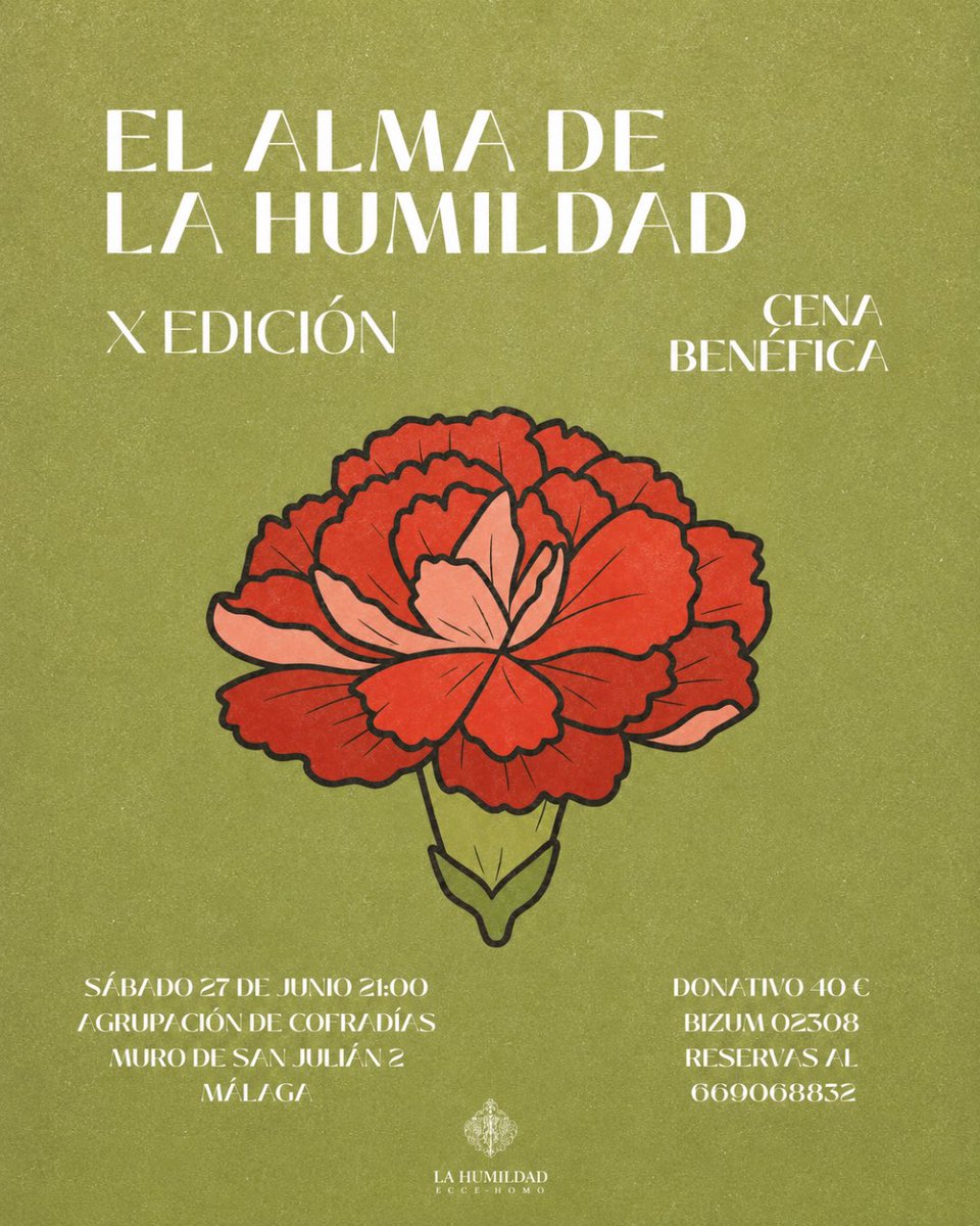 HdadHumildad's tweet photo. ✨ #ELALMADELAHUMILDAD |

El próximo 27 de junio tendrá lugar la X edición de nuestra tradicional cena benéfica de verano “𝐄𝐥 𝐀𝐥𝐦𝐚 𝐝𝐞 𝐥𝐚 𝐇𝐮𝐦𝐢𝐥𝐝𝐚𝐝”, una cita de convivencia y fraternidad que este año tendrá como finalidad recaudar fondos para la ejecución de una nueva túnica bordada para el Santísimo Cristo de la Humildad.

📆 Sábado 27 de junio
⏰ 21:30h
📍 Agrupación de Cofradías
📲 Reservas: 669068832

Asimismo, aquellas personas que no puedan asistir podrán colaborar a través de la Fila 0, que también estará disponible.

¡Contamos contigo! 🤍

#CofradíasMLG