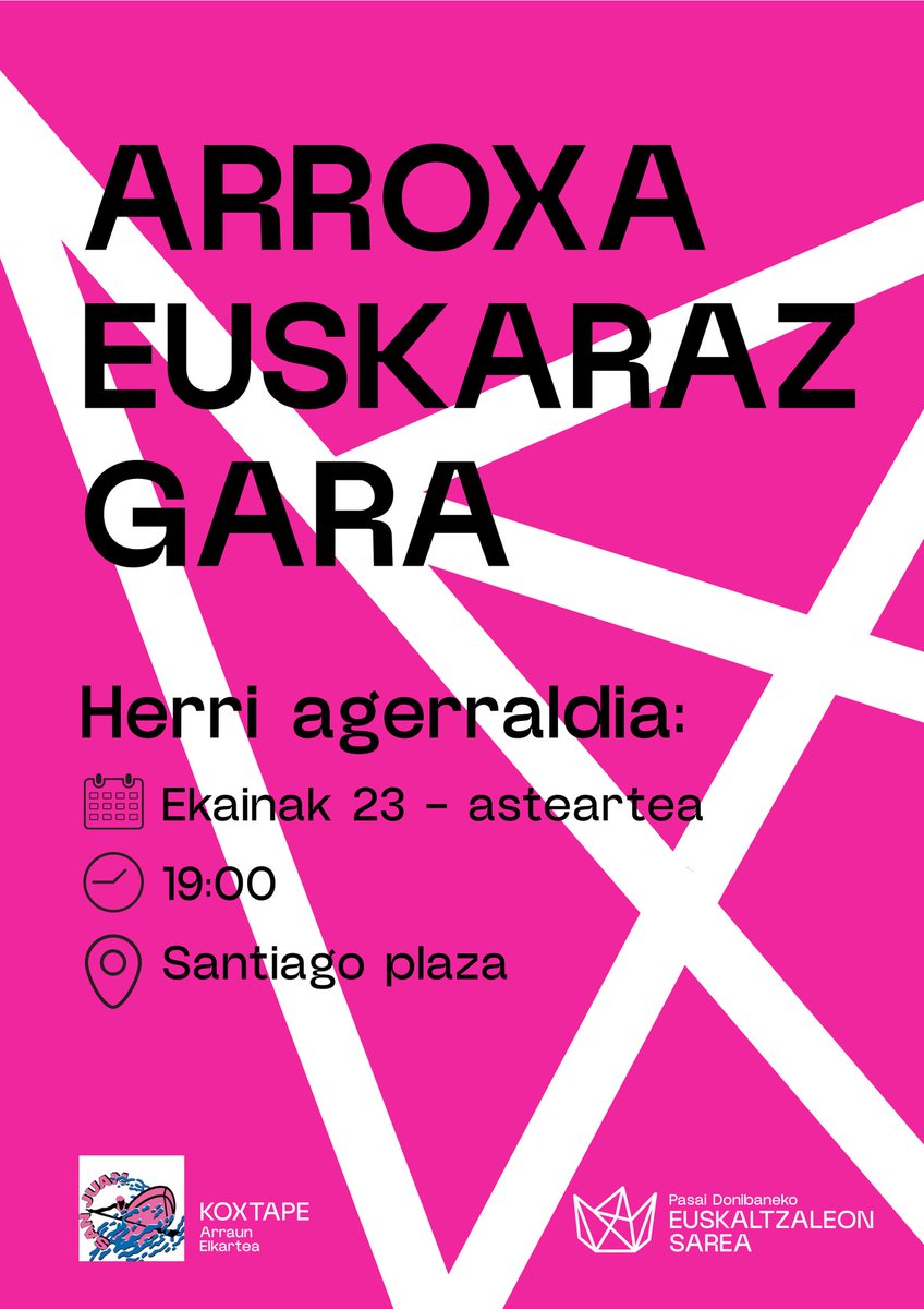 EPasaia's tweet photo. Euskararen aldeko aldarria egin eta aurrerapausoak emateko deialdia egitera goaz.
HERRI-AGERRALDIA:
Ekainak 23, 19:00, Santiago plaza.
Donibaneko herritar eta elkarteek hizkuntza gure nortasunarekin bat:
ARROXA EUSKARAZ GARA
Etorri agerraldira!
@sanjuan_koxtape https://t.co/EAWWQDVzuC