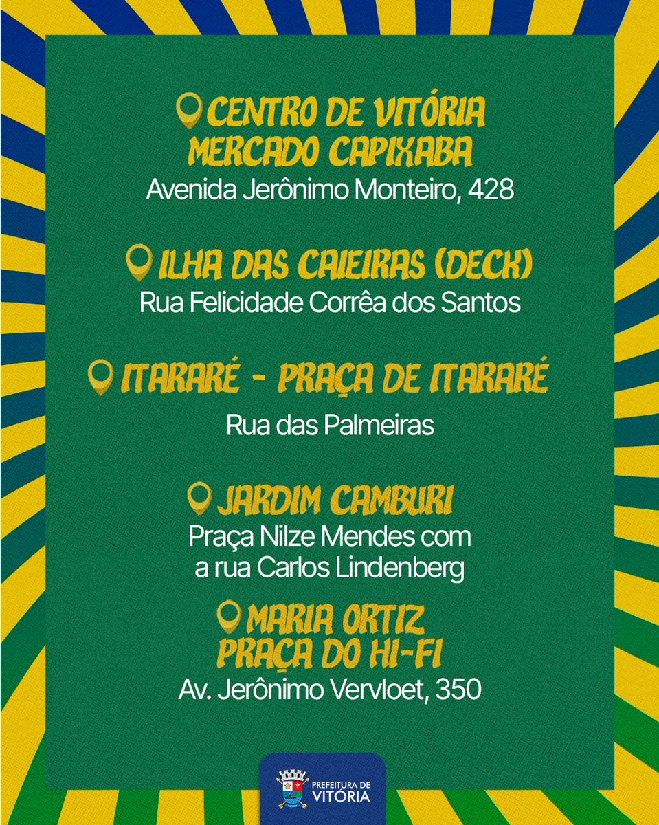 vitoriaonline's tweet photo. Vem torcer pelo Brasil com a gente. Confira onde estarão os telões e chama a galera 🇧🇷 https://t.co/iH8mJUovjA