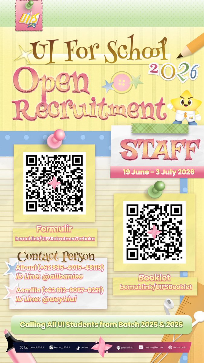 actylchline's tweet photo. CALLING ALL MAHASISWA UI, ESPECIALLY MABA! 📣

Guys, yuk yuk ikutan UIFS! Trust me, bakal banyak pengalaman, relasi, insight, dan cerita seru yang bisa kalian dapetin di sini☝️😌

🔗 Oprec: https://t.co/hKBHMHy1dv
📖 Booklet: https://t.co/mqmdFWmpCr

See you as part of UIFS! ☺️ https://t.co/aCuYoF0p36