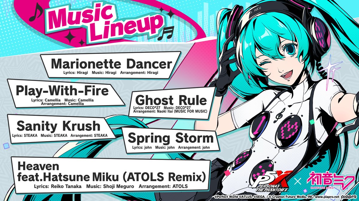 P5XOfficialWest's tweet photo. Listen to Hatsune Miku music in P5X! 🎶
Hear some favorite Miku tunes in a limited-time Collab Minigame and as battle music! ✨️
Check the image for a list of included songs! 🎵

#P5XEN #P5X1stAnni #MikuxP5X https://t.co/9x0lLk50Zn