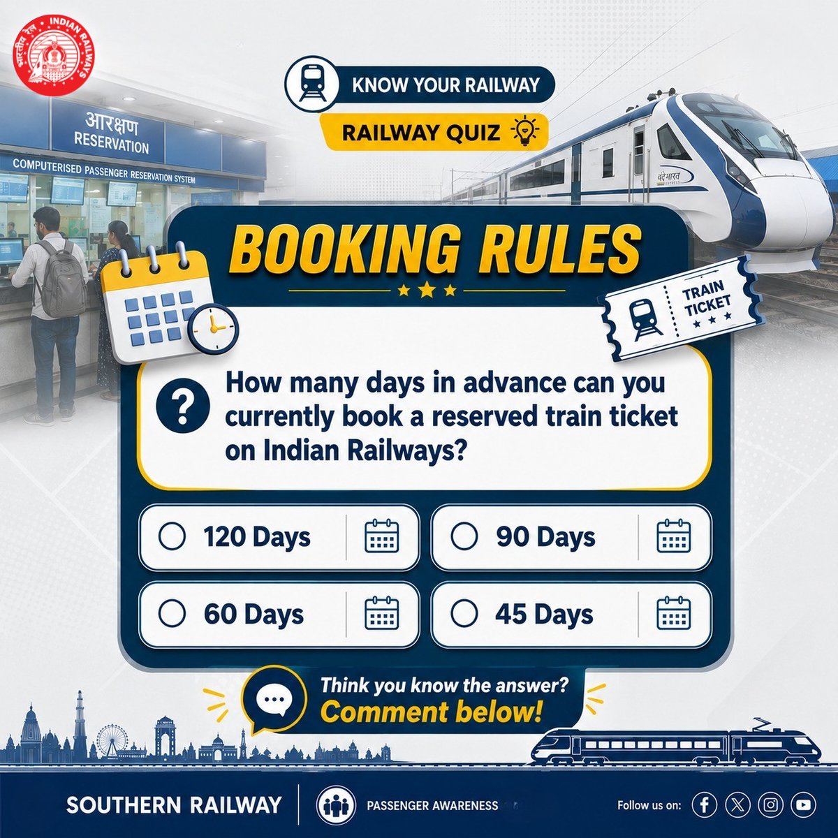 GMSRailway's tweet photo. Part of our Passenger Awareness Series — how well do you know the current ticket booking rules?

Take your best guess.

#KnowYourRailway #RailwayQuiz #SouthernRailway #IndianRailways https://t.co/5T86bAv8Jw