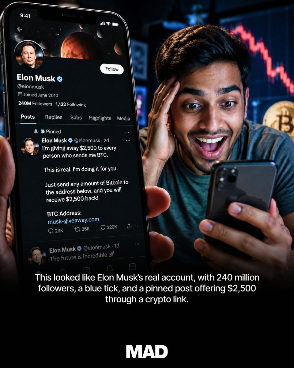 mobileappdaily's tweet photo. New Scam Alert!!

40 million followers. Two blue ticks.

And yet this is one of the most viewed crypto scams ever posted on X.

“I’m giving away $2,500. Just visit this link. Enter code GIFT.”

96K comments. 93K retweets. 315K likes. 1.1 million views.

#scamawareness https://t.co/ndPLRZxDcX