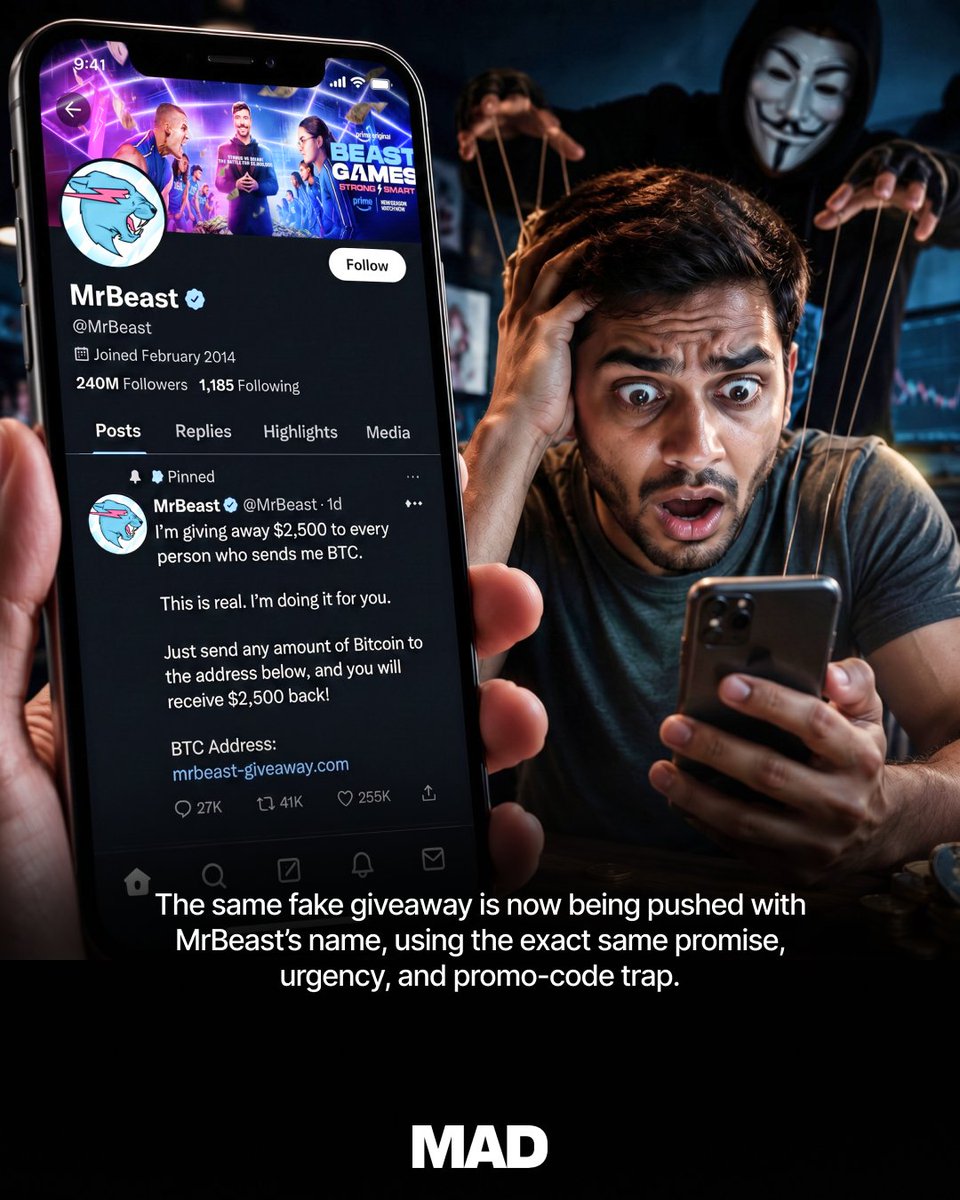 mobileappdaily's tweet photo. New Scam Alert!!

40 million followers. Two blue ticks.

And yet this is one of the most viewed crypto scams ever posted on X.

“I’m giving away $2,500. Just visit this link. Enter code GIFT.”

96K comments. 93K retweets. 315K likes. 1.1 million views.

#scamawareness https://t.co/ndPLRZxDcX
