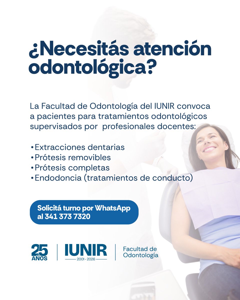 IUNIRok's tweet photo. 🦷 La Facultad de Odontología del IUNIR convoca a pacientes para:

✔️ Extracciones dentarias
✔️ Prótesis removibles
✔️ Prótesis completas
✔️ Tratamientos de conducto (endodoncia)

📲 Turnos únicamente por WhatsApp https://t.co/XoreMvFexq

#Convocatoria #Pacientes https://t.co/bMkKIK9xa1