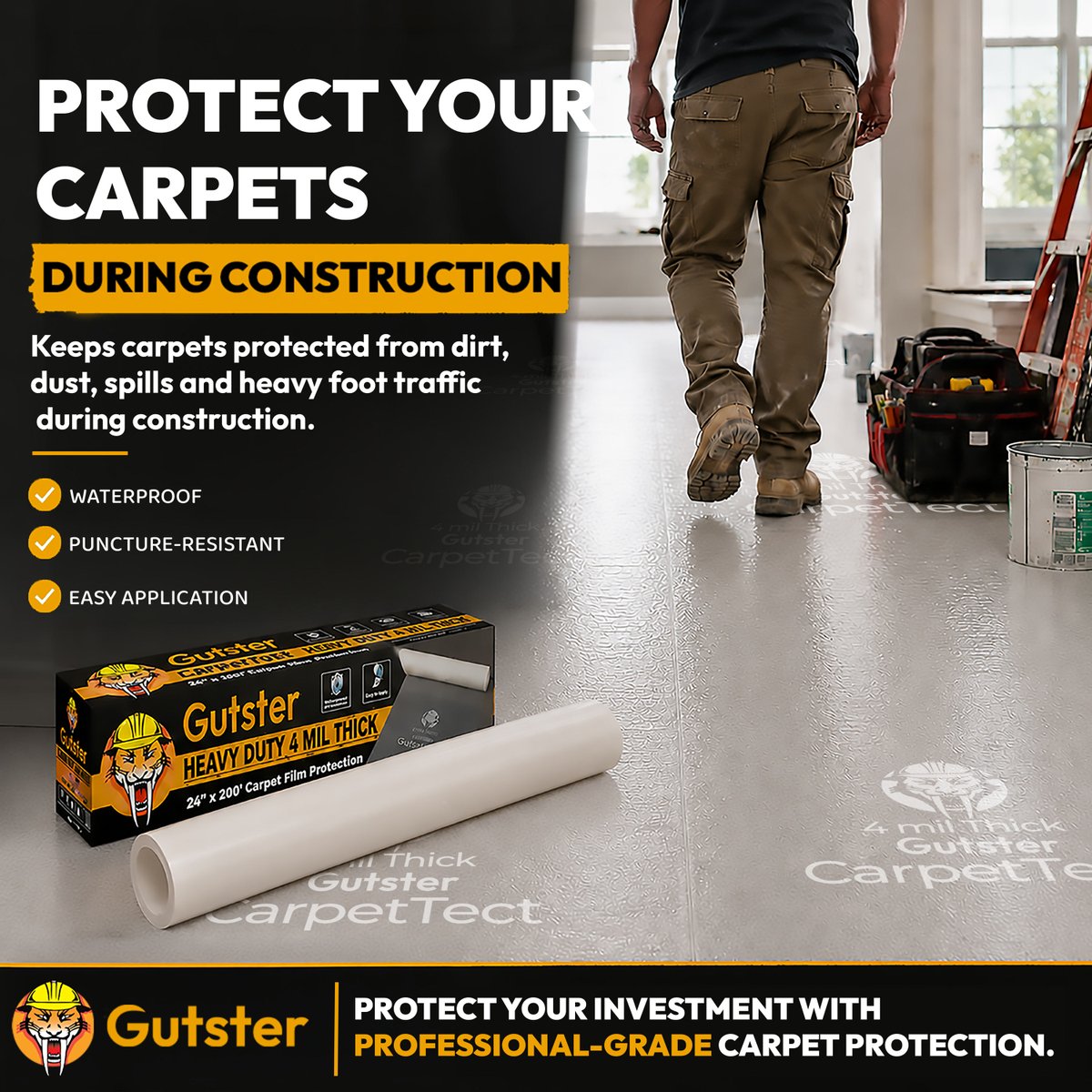 GutsterTools's tweet photo. Construction projects can leave carpets vulnerable to dirt, dust, spills, and heavy foot traffic.

Protect your investment with professional-grade carpet protection.
https://t.co/G7XbvxouWb 

#CarpetProtectionFilm #ConstructionCarpetProtection  #FloorProtection #Remodeling https://t.co/FgWzRhs93n