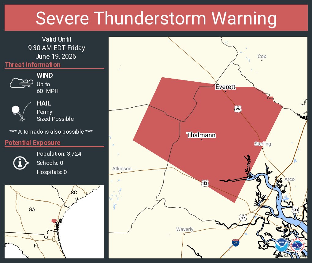This graphic displays a severe thunderstorm warning plotted on a map. The warning is in effect until 9:30 AM EDT. The warning includes Everett GA and Thalmann GA.  This warning is for Northwestern Glynn, Northeastern Brantley and Southeastern Wayne Counties. The threats associated with this warning are wind gusts up to 60 MPH and penny sized hail. There are 3,724 people in the warning along with 0 schools and 0 hospitals.