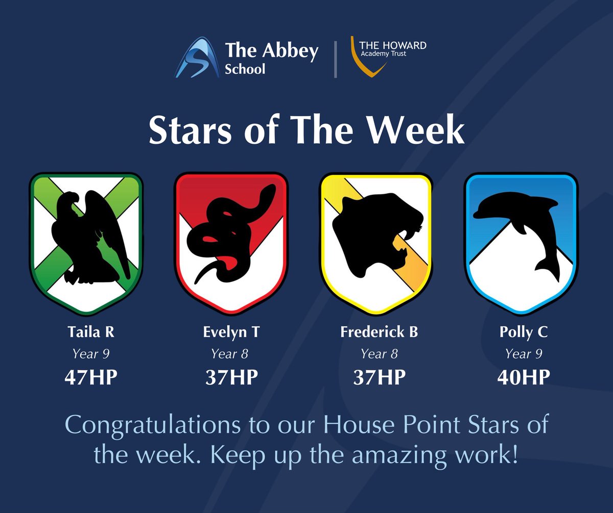 TheAbbeyTHAT's tweet photo. Stars of the week!

Well done to our stars of the week for collecting the most amount of house points.

Keep up the amazing work!

#BeTheBestYouCanBe https://t.co/IEBuGN9kaN
