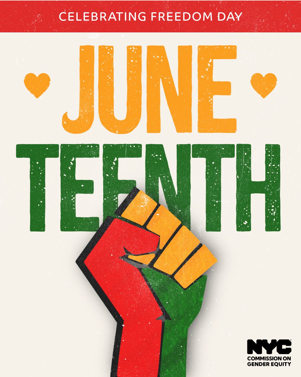 GenderEquityNYC's tweet photo. #Juneteenth, or #LiberationDay, celebrates the abolishment of slavery by celebrating the day U.S. troops announced that enslaved people were free in Texas on June 19, 1865.
๐https://t.co/TEpKyx72cf | https://t.co/WlcDVxzgFm
๐https://t.co/tBpnHAyqN3
#HappyJuneteenth #CGE https://t.co/g0yBGiazZZ