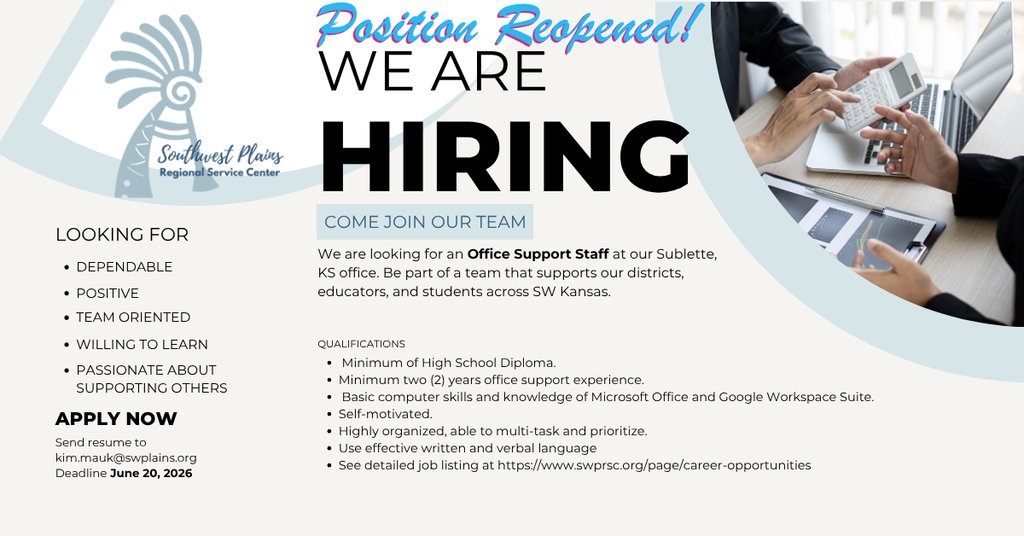 swplains's tweet photo. Position reopened! We are hiring a Office Support Staff at our Sublette, KS office.  For more information go to https://t.co/BqezgMuuAH. Applications taken until June 20, 2026. https://t.co/drTnbGm5aK