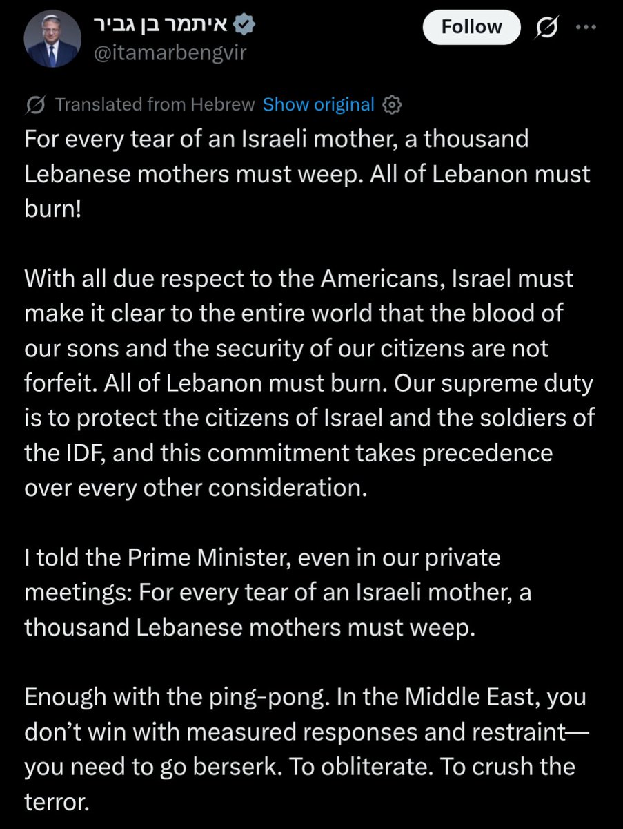 bdquinn's tweet photo. We'd be doing Israel a favor if we said "You can't have normal relations with this country if you have people like Ben-Gvir in your government." 

I've said this for a long time. 

Yeah, Israeli voters have a right to vote for who they want to, but we have our own rights. https://t.co/keWE0StL6P