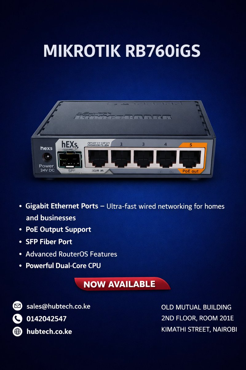 Techyshop2's tweet photo. There is no better router than the MikroTik RB760iGS when it comes to perfomance delivery. It has a high Gigabit speeds, high fiber connectivity and advanced network control. You can order it directly from our store using the link https://t.co/bgWhWEudQW call us on 0142042547 https://t.co/KvDt2mlf02