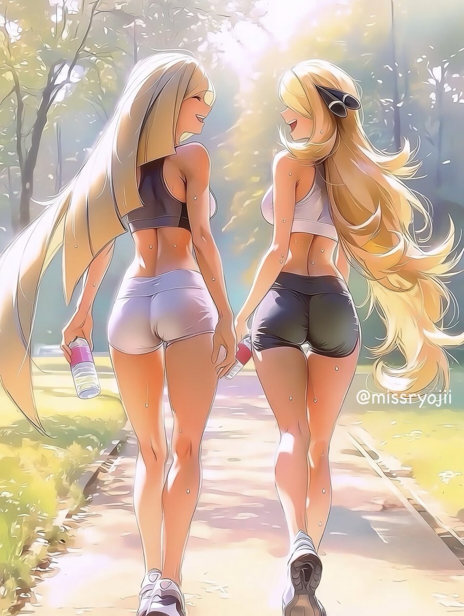 MissRyojii's tweet photo. Even legends need to stay in shape. Golden hour workout with Lusamine &amp; Cynthia 💛 https://t.co/7wv6Rul7ht
